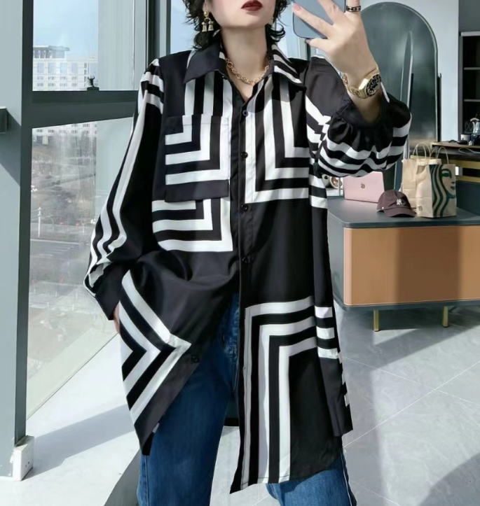 French Black Big Silhouette Striped Cotton Long Shirt Top