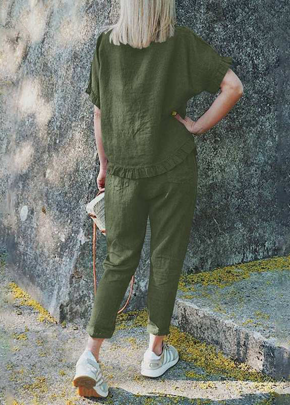 Khaki ruffled patchwork top and cropped pants two-piece set with short sleeves