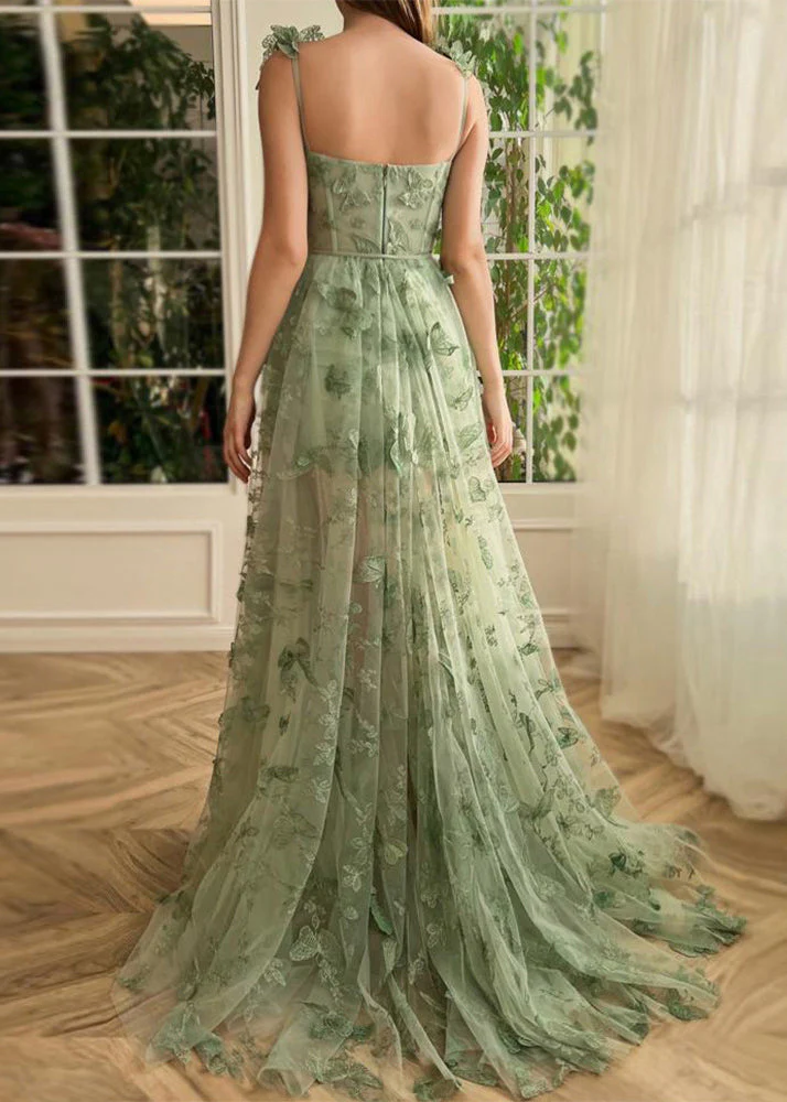 Women's Party Green Butterfly Side Split Tulle Sleeveless Long Dresses