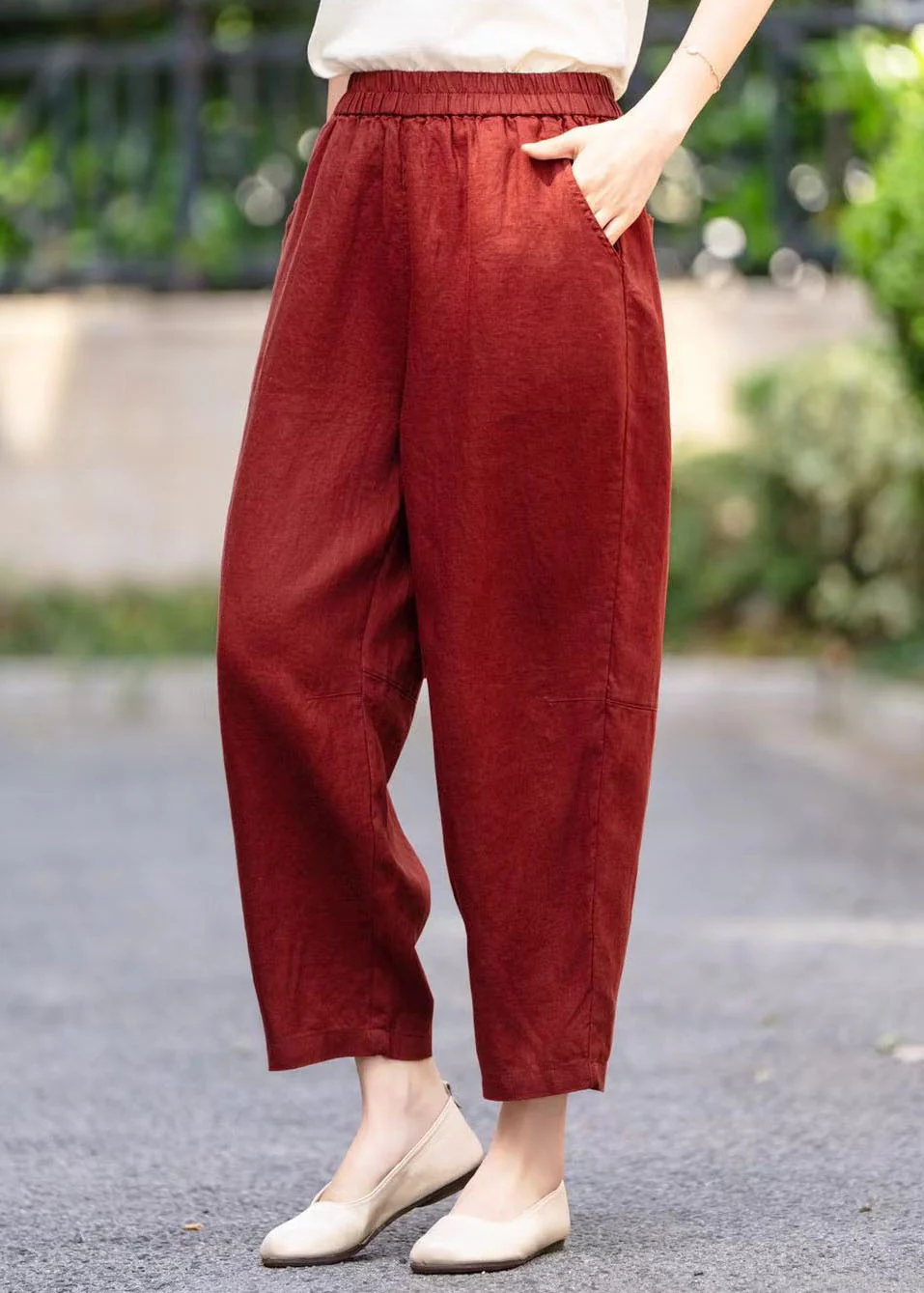 Red Mulberry Elastic Waistband Pocket Linen Haren Pants