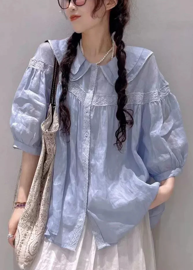Oversized Peter Pan Collar Lace Cotton Short Sleeve Shirt