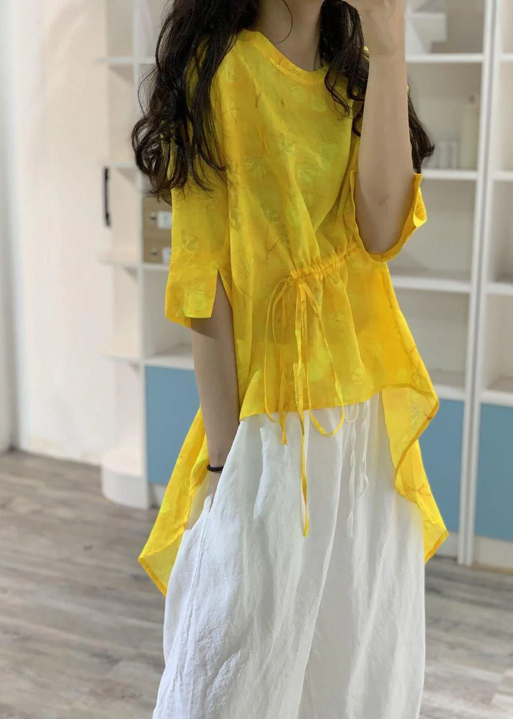 Women's Yellow Linen Long Shirt Low High Design Box Shirt
