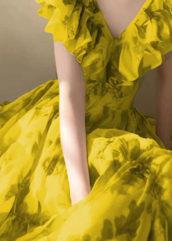 Women's Italian Yellow V-Neck Printed High Waist Sleeveless Dress Spring Summer