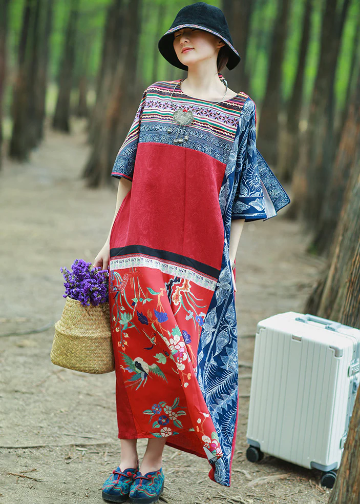 Women's Pocket Patchwork Cotton Printed Half Sleeve Dress