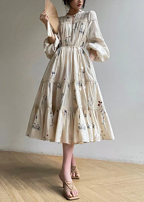 Women's Beige Embroidered Ruffle Pocket Linen Long Sleeve Dress