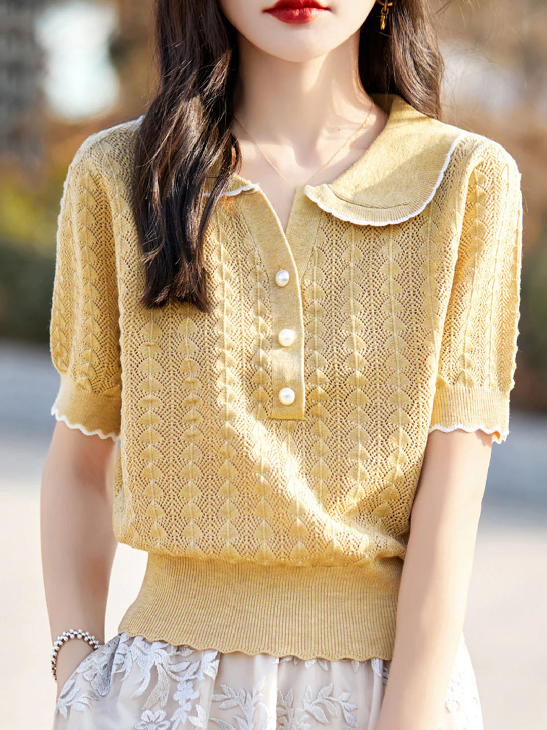 Elegant Lapel Skeleton Knit Short Sleeve Shirt Top
