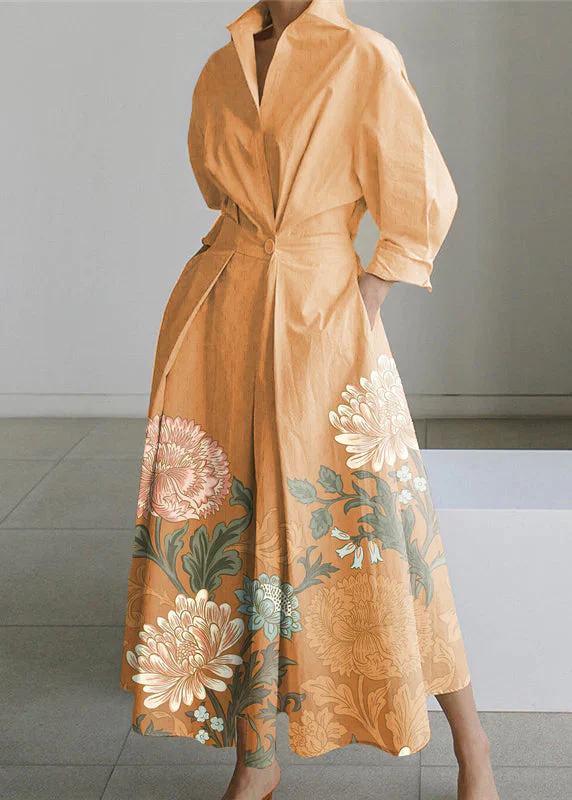Apricot Floral Peter Pan Collar Pocket Long Sleeve Dress