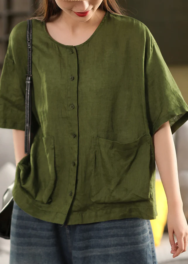 Round Neck Button Pocket Linen Shirt Top Yellow