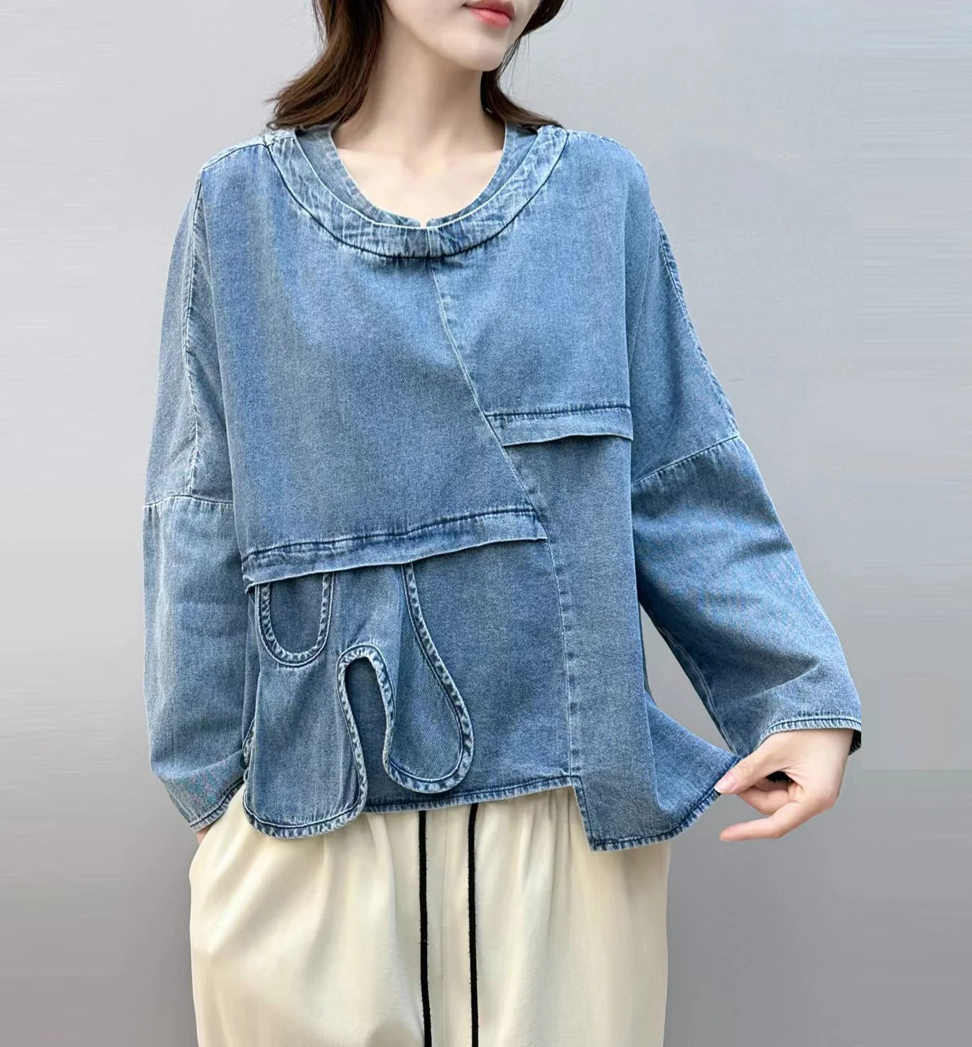 Chic Blue Asymmetric Patchwork Denim Shirt Top Fall Long Sleeve