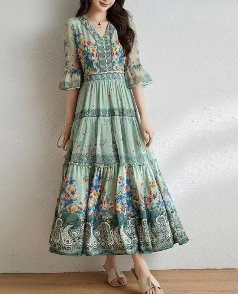 Elegant V-Neck Ruffle Printed Flared Sleeve Long Dress
