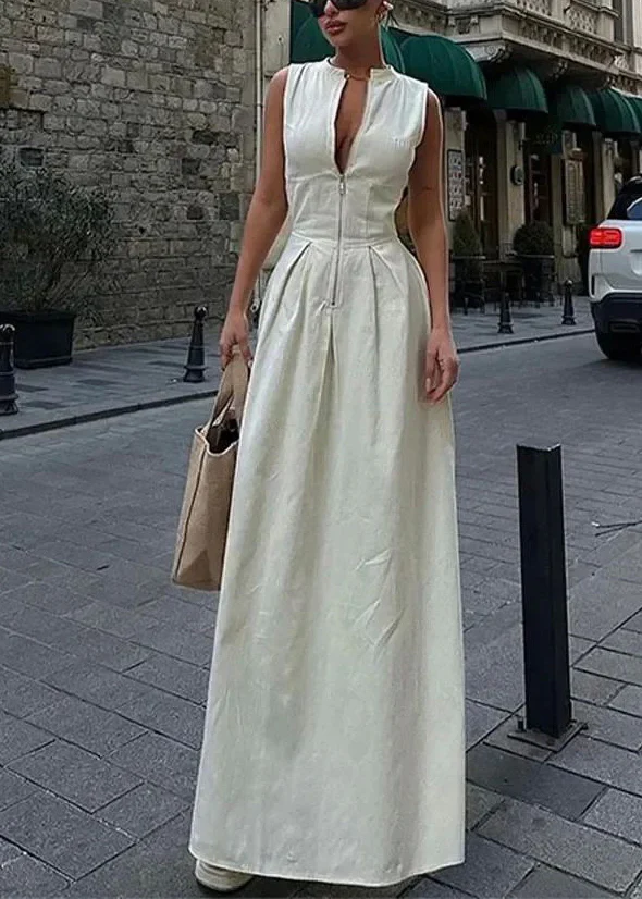 Cotton, Party Green Round Neck Sleeveless Pleated Slim Long Dress