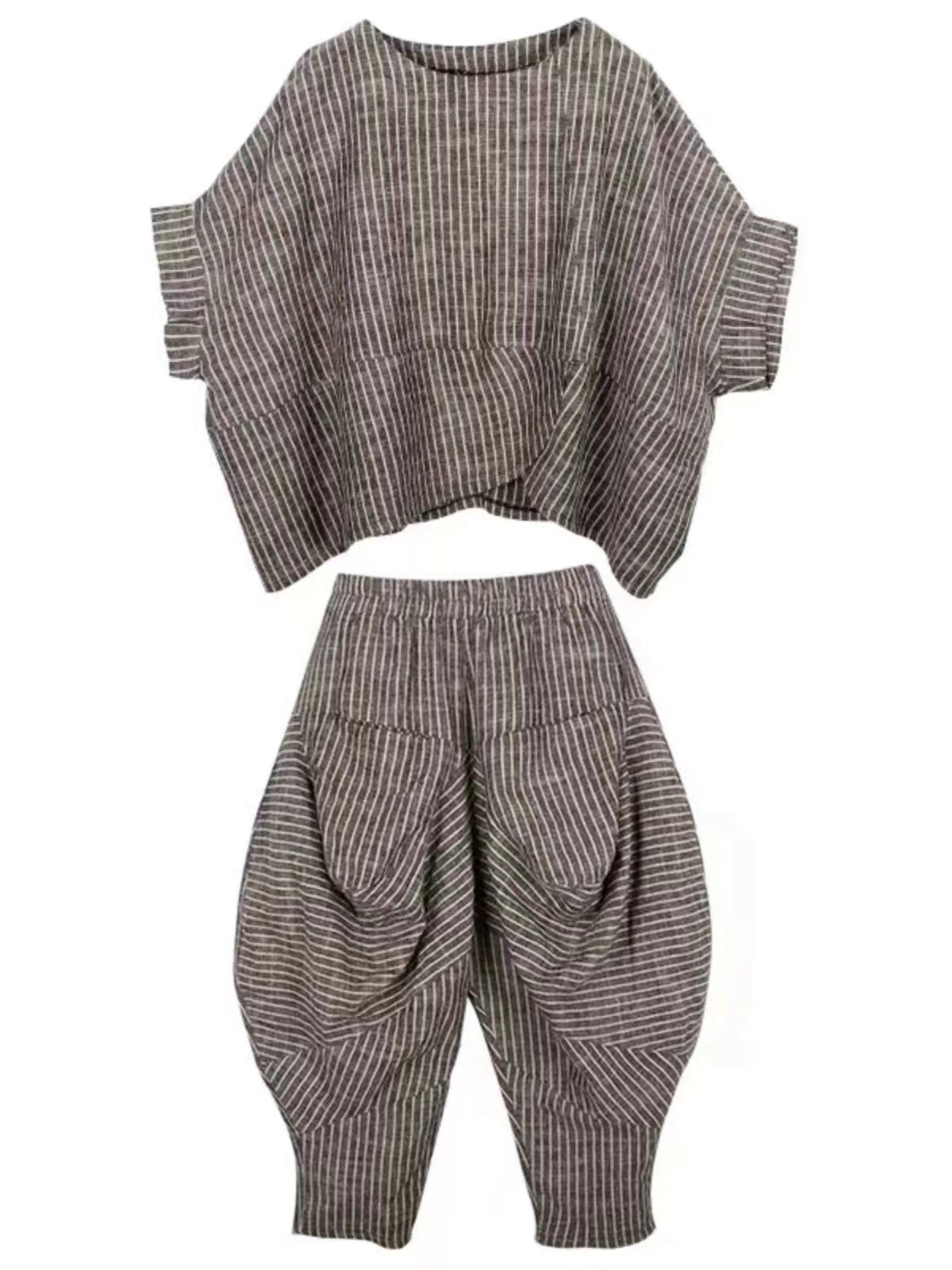 Casual Striped Asymmetrical Short Sleeve Suit