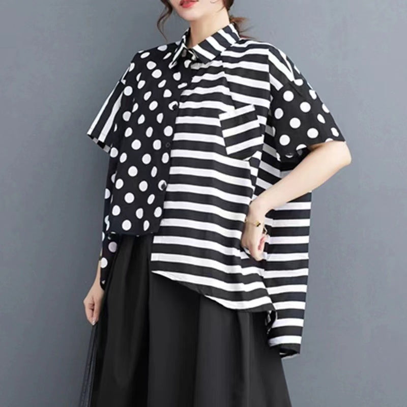 Plus Size Irregular Polka Dot Striped Short Sleeve Shirt