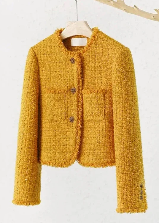 Women's Party New Yellow O Neck Button Pocket Cotton