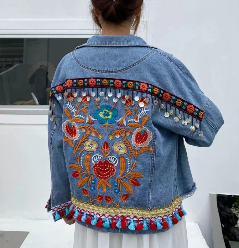 Loose Floral Embroidery Beaded Fringe Denim Jacket