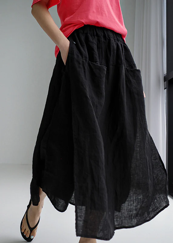 Black Side Split Linen Pant Skirt Summer