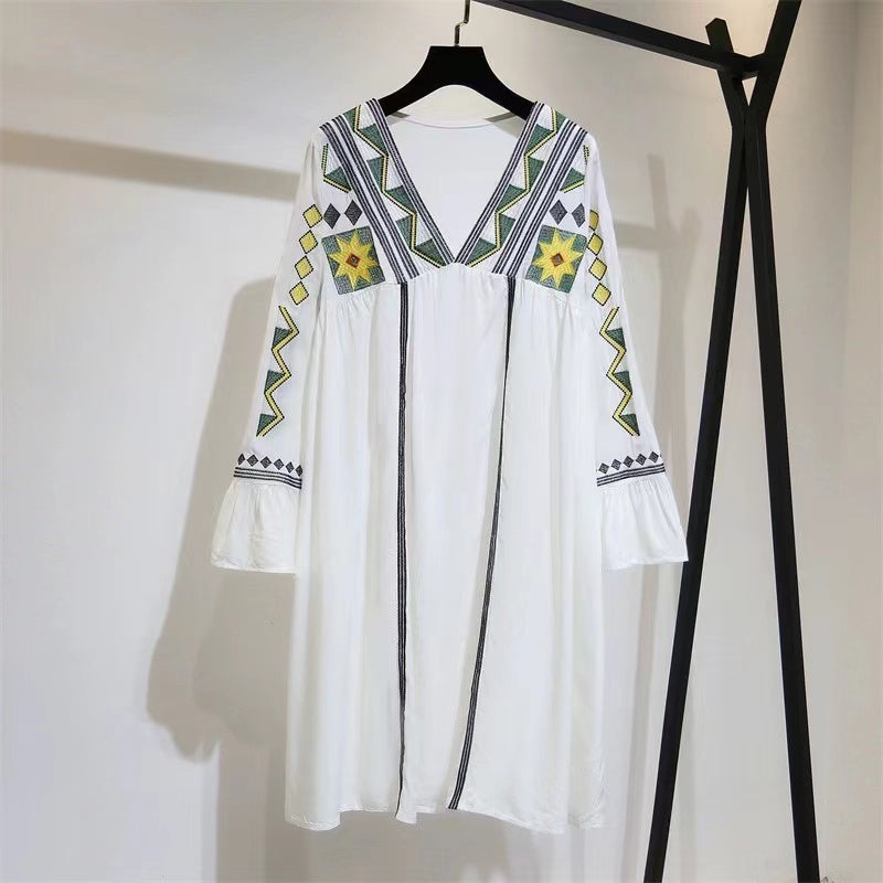 Bohemian V-Neck Embroidered Beach Long Sleeve Dress