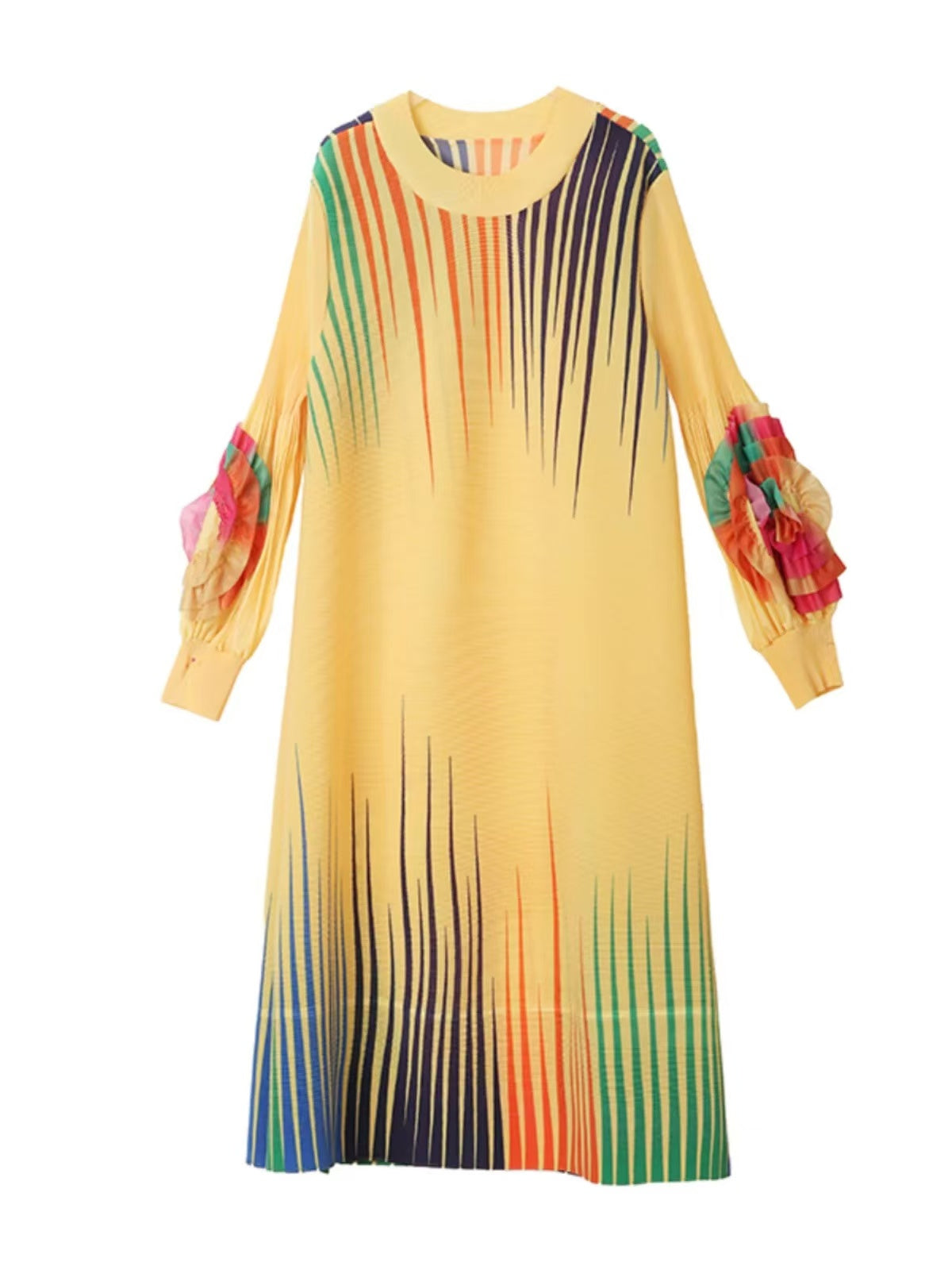 Women's Plus Size Colourful Round Neck Pleated Floral Long Sleeve Dresses