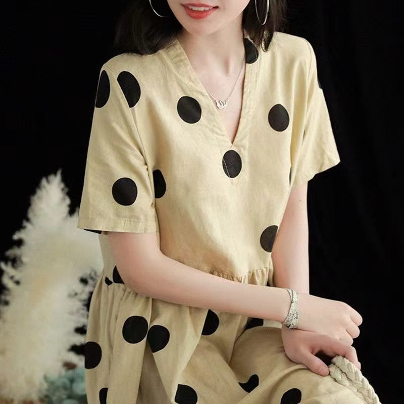 Plus Size V-Neck Collision Color Polka Dot Short Sleeve Dress