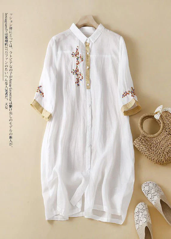 Embroidered Patchwork Linen Short Sleeve Shirt Dress