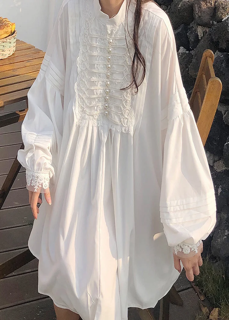 White Oversized Beaded Cotton Mini Dress