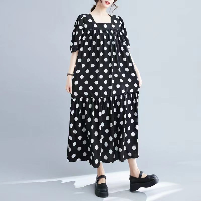 Plus Size Polka Dot Square Neck Short Sleeve Long Dresses