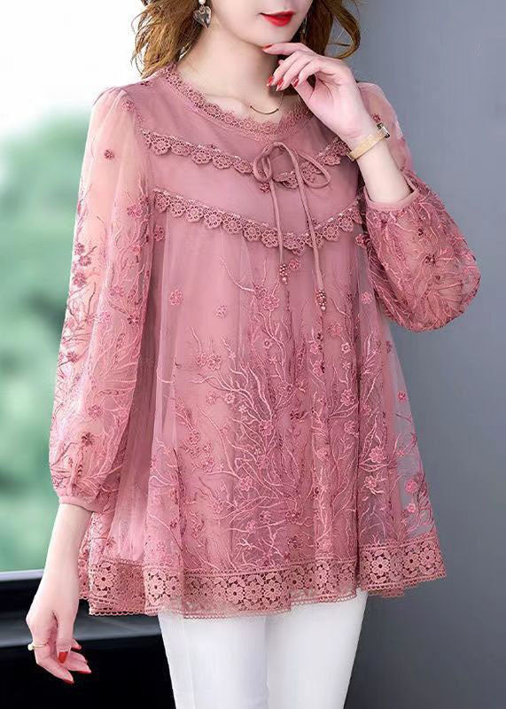 Elegant Organic Pink Embroidered Patchwork Tulle Top