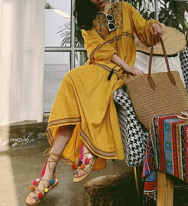 Bohemian Tie Embroidered Sun Screen Long Sleeve Patchwork Dress