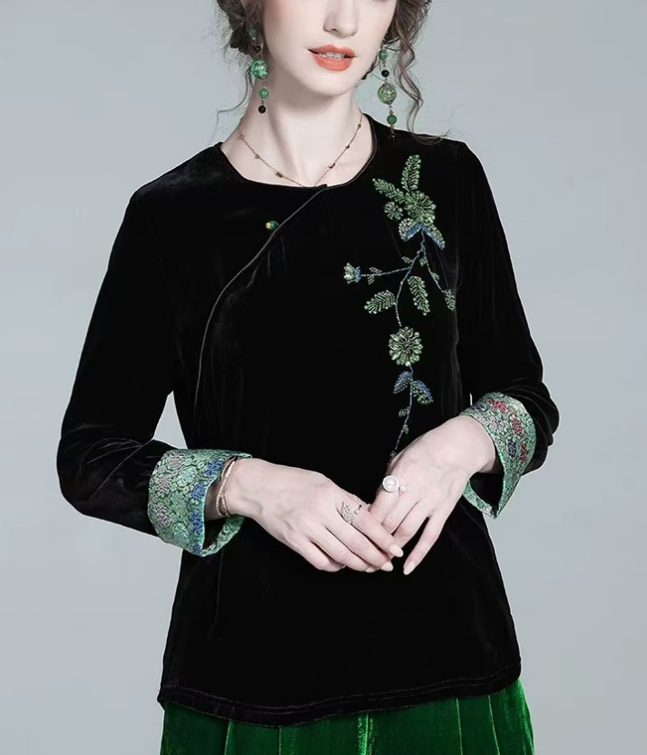Women's Loose Asymmetric Velvet Patchwork Long Sleeve Top