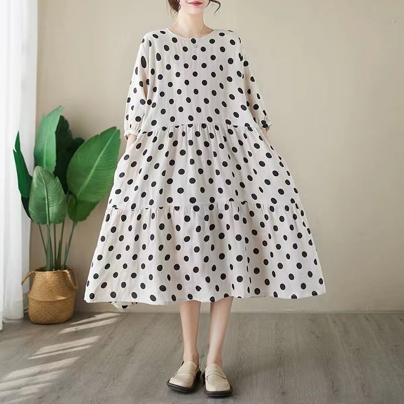 Casual Round Neck Black Polka Dot Short Sleeve A-Line Dress