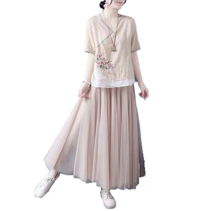 French Embroidered Color-Crossing Asymmetric Cotton Short Sleeve Shirt Top