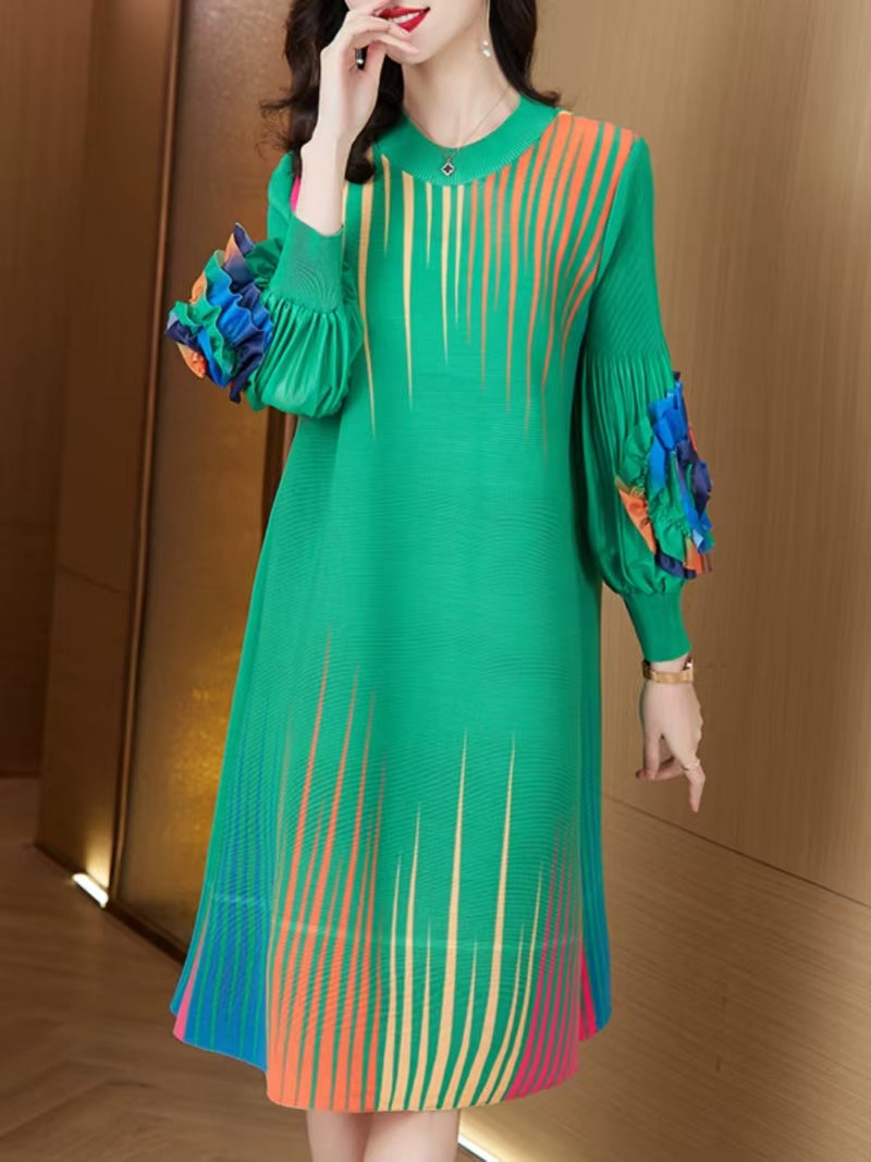 Women's Plus Size Colourful Round Neck Pleated Floral Long Sleeve Dresses