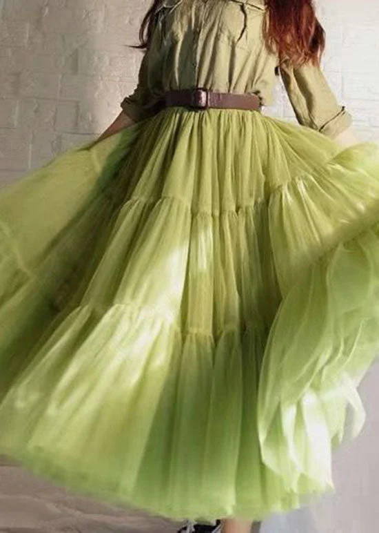 Women's Green Wrinkled Patchwork Tulle Skirt Spring Summer