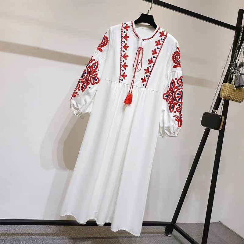 Elegant V-Neck Tie Embroidered Fringe Long Sleeve Dress