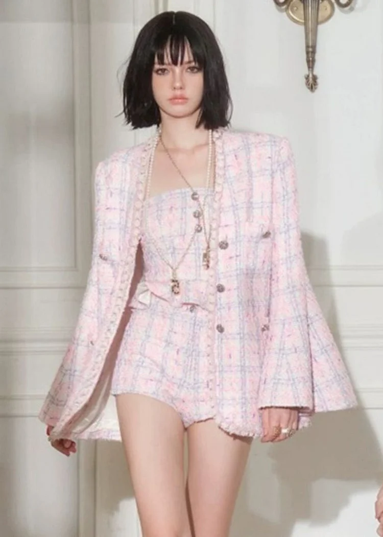Women's Pink Ruffle Button Cotton Three Piece Set Flared Sleeve