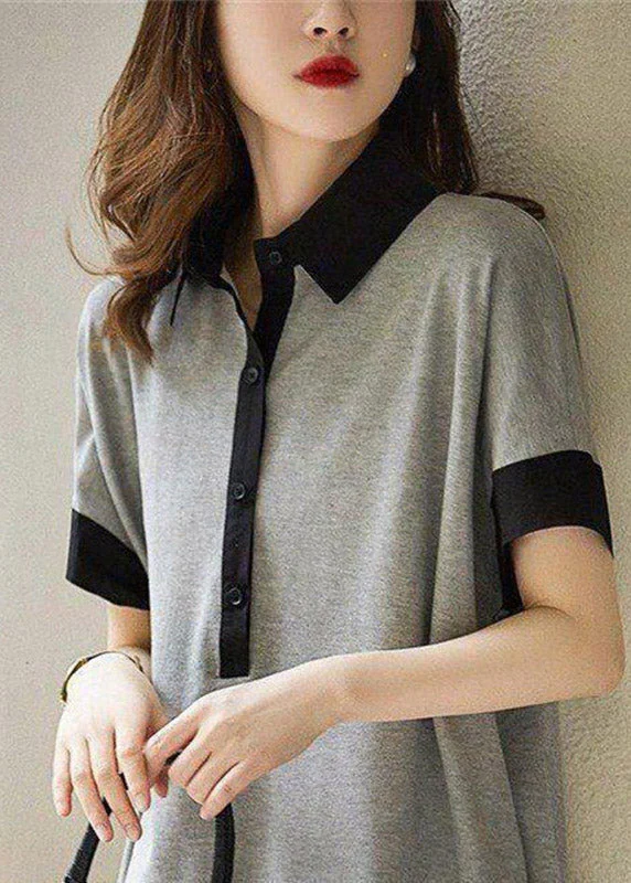 Clashing Black Peter Pan Collar Button Cotton Dress Short Sleeve