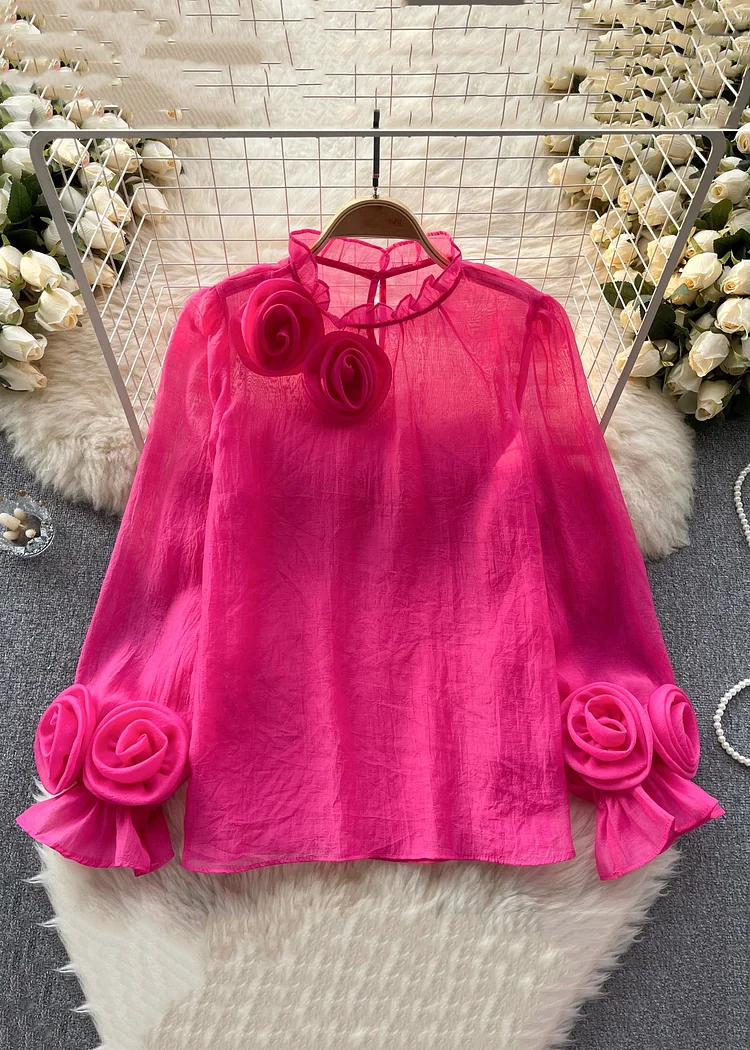 Women's Bright Orange Ruffle Solid Color Long Sleeve Top
