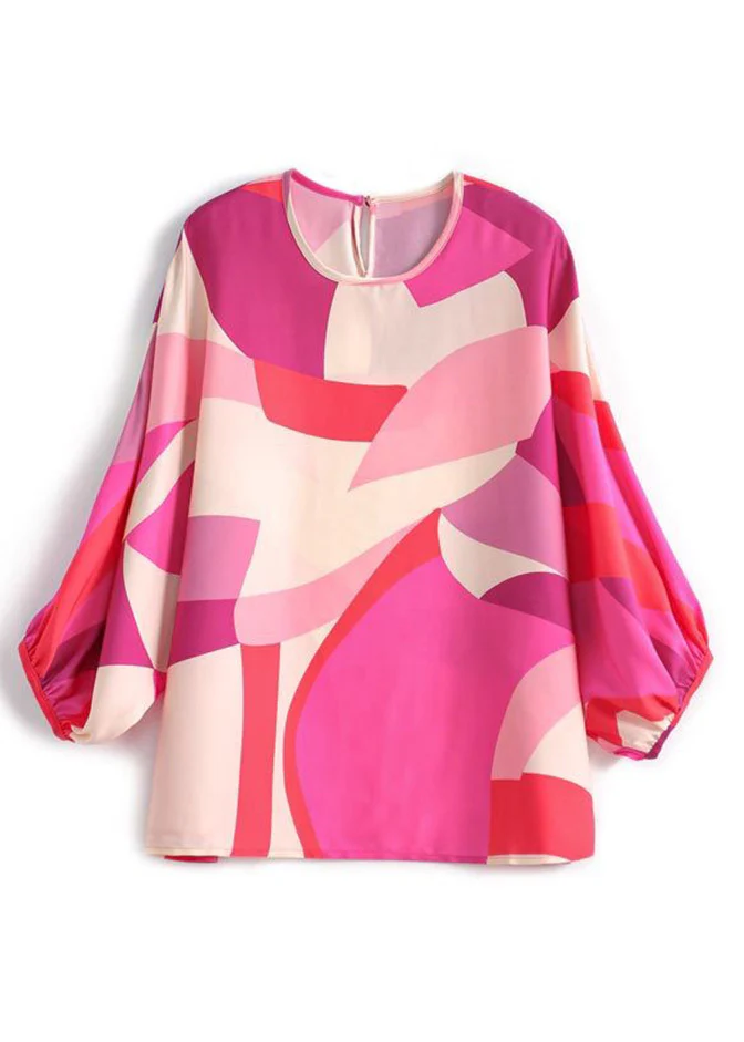 Elegant Round Neck Printed Button Silk Blouse Top