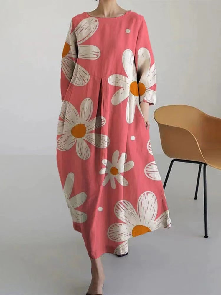 Casual Round Neck Printed Linen Cotton Long Sleeve Dress