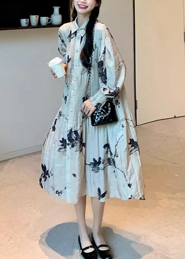 Women's Ruched Printed Button-Neck Long Dress