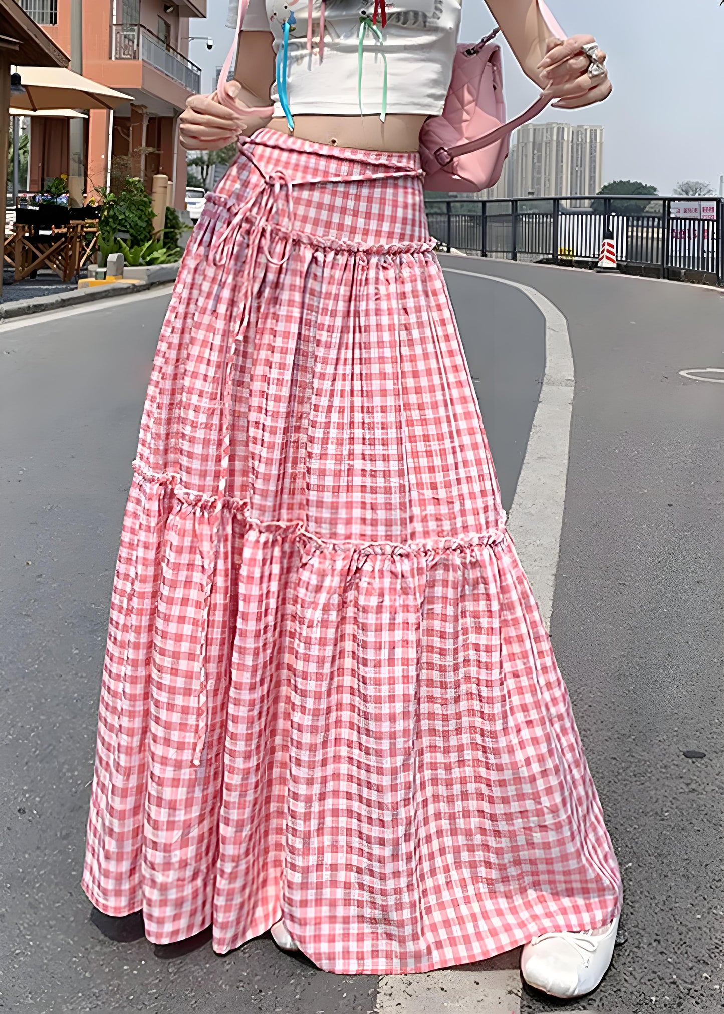 Women's Big Size Pink Ruffle Plaid Patchwork Cotton Half-body Skirt Summer