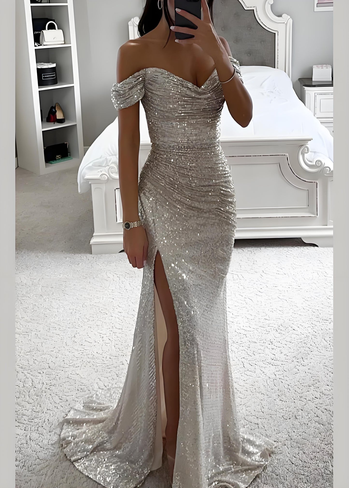 Women's Sheath Champagne Slant Neck Side Split Sequin Party Dresses