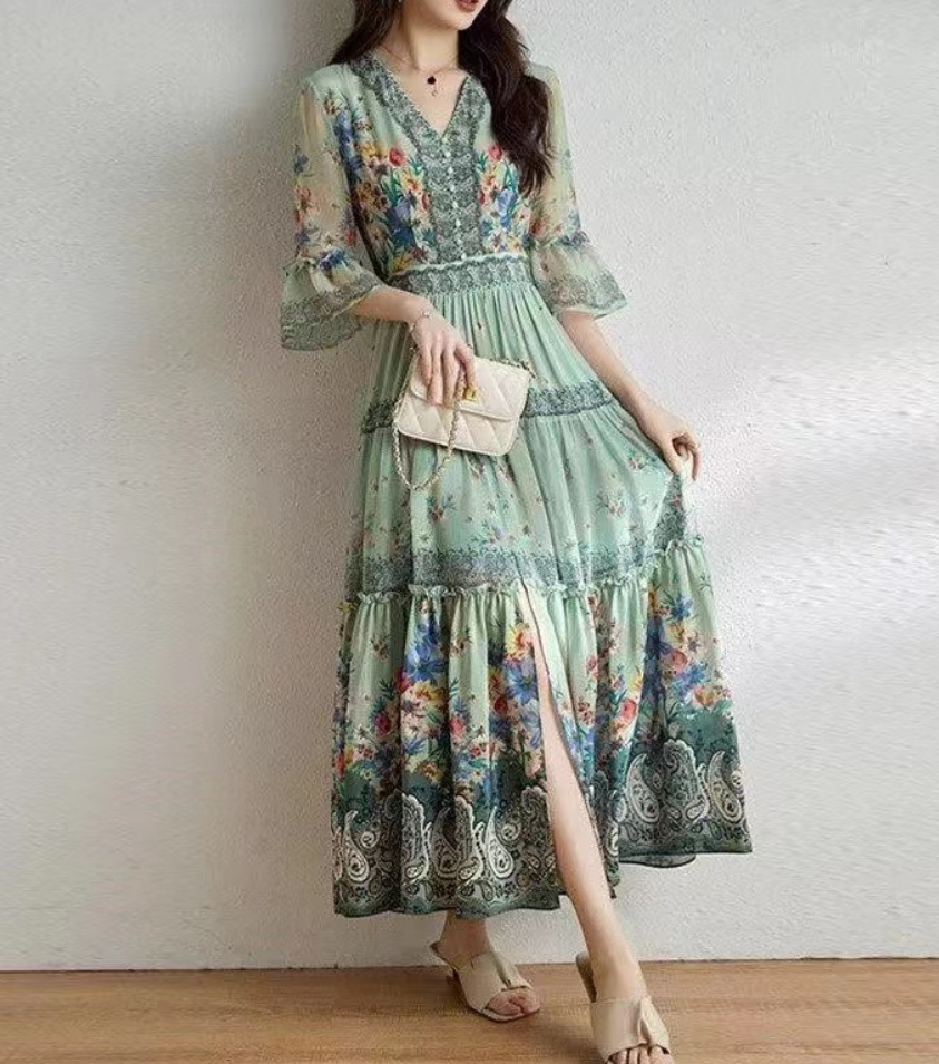 Elegant V-Neck Ruffle Printed Flared Sleeve Long Dress