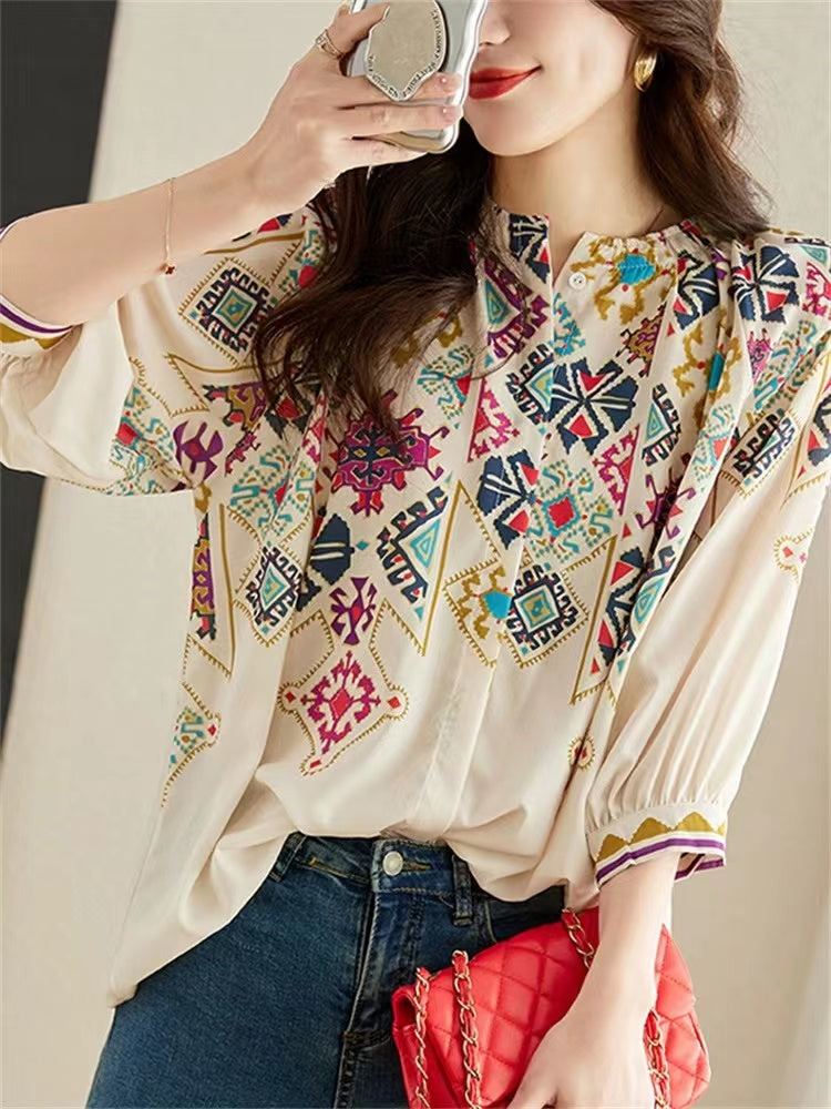 Vintage Geometric Print Silk Short Sleeve Prints