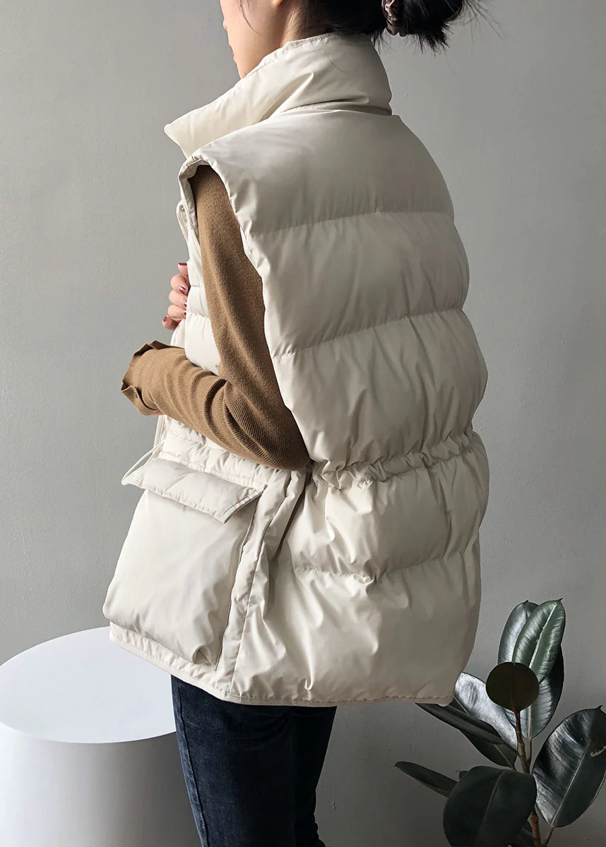 Women's White Button Drawstring Sleeveless Down Vest