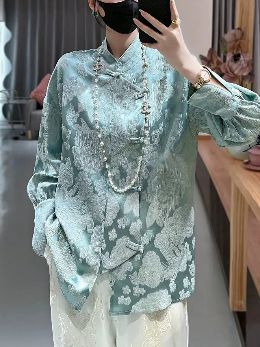 Chinese Standing Collar Button Wrap Silk Jacquard Blouse