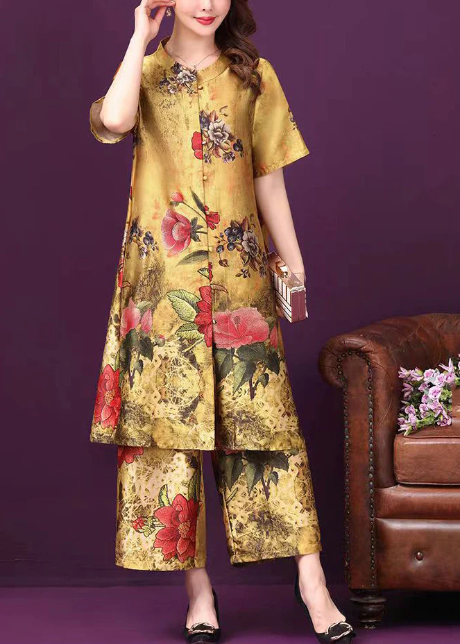 Elegant Standing Collar Pocket Floral Print Silk Two Piece Set Short Sleeve
