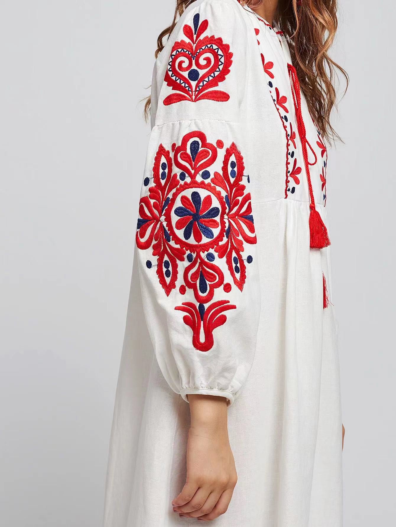 Elegant V-Neck Tie Embroidered Fringe Long Sleeve Dress