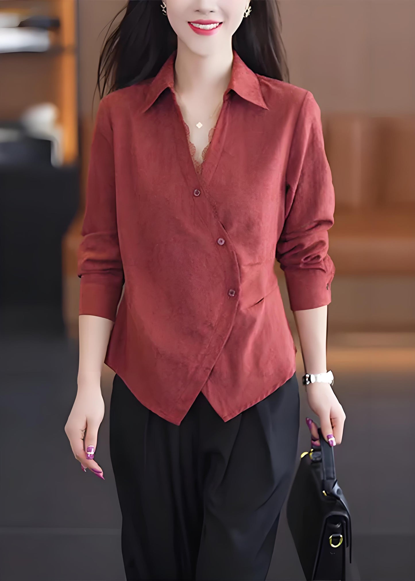 Women's Asymmetric Red Lace Patchwork Button Solid Shirt Spring