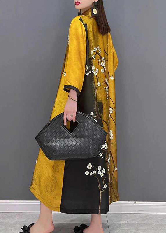 Women's Plus Size Yellow Peter Pan Collar Printed Button Silk Long Sleeve Dress Spring